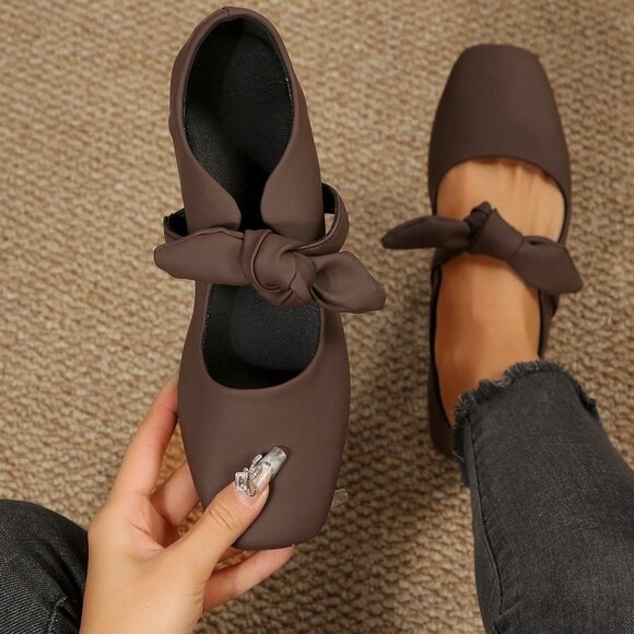 Shoes - Coffee Brown Elegant Women's Low-Cut Flats with Bow Accent